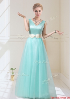 Delicate V Neck Floor Length Prom Dresses with Bowknot for 2015