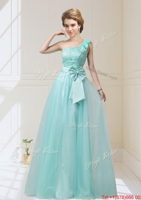 2015 One Shoulder Prom Dresses with Hand Made Flowers and Bowknot