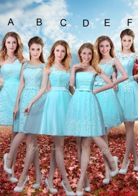 2016 Elegant A Line Laced Bridesmaid Dresses with Belt in Aqua Blue