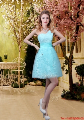 2016 New Style A Line Laced Bridesmaid Dresses with Appliques in Aqua Blue