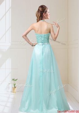 Elegant Empire Halter Top Laced Mint Dama Dresses with Sash