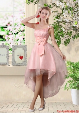 Affordable A Line One Shoulder Appliques Bridesmaid Dresses in Pink