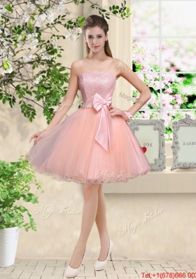 Decent V Neck Baby Pink Dama Dresses with Hand Made Flowers