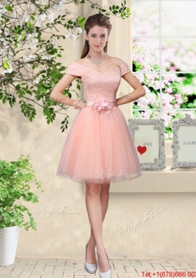 Decent V Neck Baby Pink Dama Dresses with Hand Made Flowers