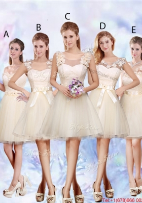 Feminine A Line Hand Made Flowers Bridesmaid Dresses in Champagne