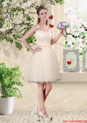 Feminine A Line Hand Made Flowers Bridesmaid Dresses in Champagne