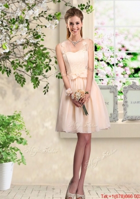 Beautiful Champagne Straps Bridesmaid Dresses with Bowknot