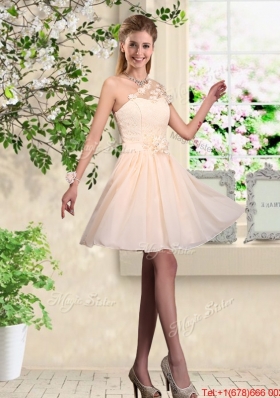 Suitable V Neck Appliques Prom Dresses in Champagne