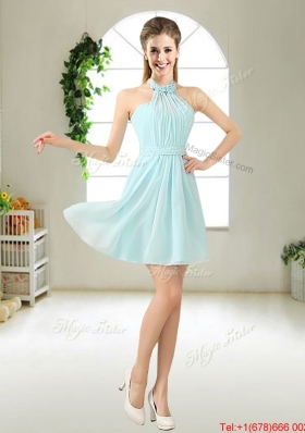 Cheap Halter Top Belt Light Blue Prom Dresses for 2016