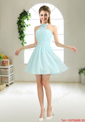 Cheap Halter Top Belt Light Blue Prom Dresses for 2016