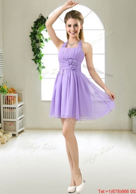Modest Halter Top Hand Made Flowers Bridesmaid Dresses in Purple