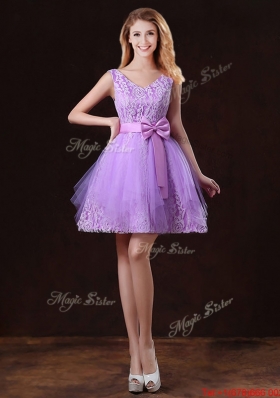 Discount V Neck Tulle Bridesmaid Dresses with Bowknot