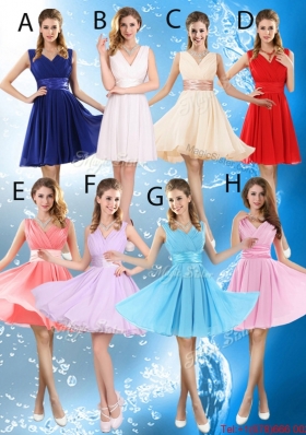 Affordable Champagne V Neck Bridesmaid Dresses with Belt and Ruching