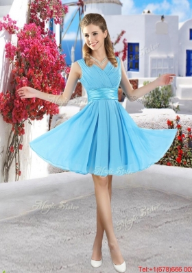 Pretty Mini Length Belt Chiffon Prom Dresses with V Neck