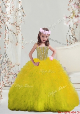 2015 Winter Suitable Yellow Spaghetti Mini Quinceanera Dresses with Beading and Ruffles