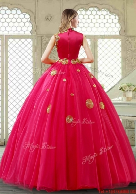 Exclusive High Neck Quinceanera Gowns in Coral Red