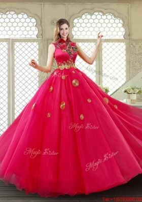Exclusive High Neck Quinceanera Gowns in Coral Red