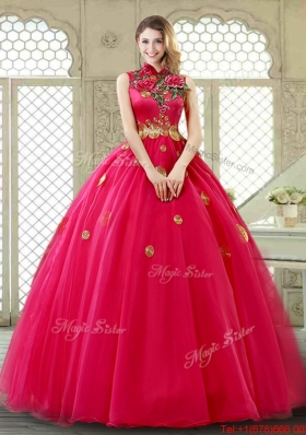 Exclusive High Neck Quinceanera Gowns in Coral Red