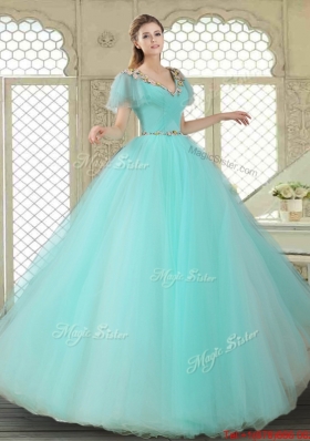 Exquisite V Neck Mint Sweet 16 Dresses with Appliques