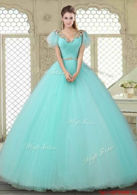 Exquisite V Neck Mint Sweet 16 Dresses with Appliques