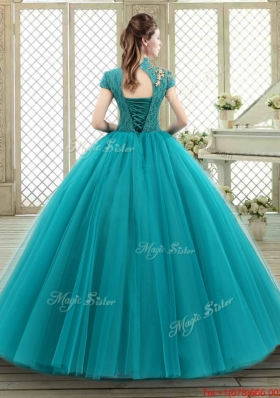 Luxurious High Neck Appliques Sweet 16 Dresses with Short Sleeves