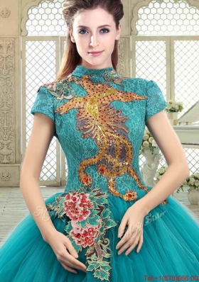 Luxurious High Neck Appliques Sweet 16 Dresses with Short Sleeves