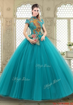 Luxurious High Neck Appliques Sweet 16 Dresses with Short Sleeves