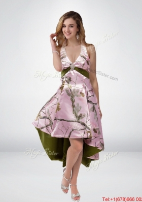 2015 Beautiful Multi Color High Low Camo Prom Dresses with Sashes