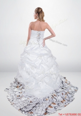 2015 Perfect Strapless Court Train Camo Wedding Dresses with Ruching