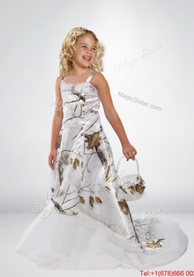 2015 Popular A Line Straps New Arrival Flower Girl Dresses with Brush Train Beading