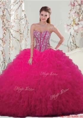 2015 Winter Classical Ball Gown Beaded and Ruffles Macthing Sister Dresses in Hot Pink