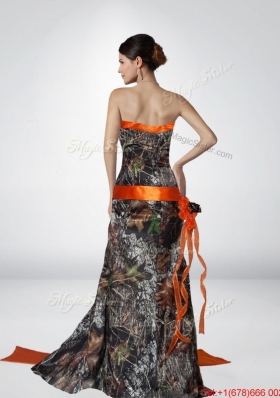 Beautiful Column Strapless Camo Prom Dresses with Hand Made Flower