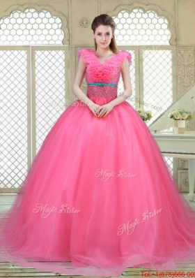 Fashionable Brush Train Quinceanera Dresses in Hot Pink