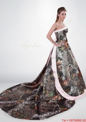 Perfect adn Beautiful Strapless Chapel Train Camo Wedding Dresses in Multi Color