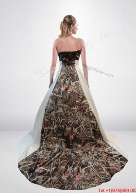 Perfect and Romantic A Line Strapless Camo Wedding Dresses with Chapel Train