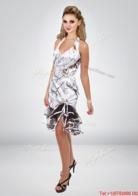 Perfect Column Halter Top Tea Length Camo Prom Dress with Ruffled Layers