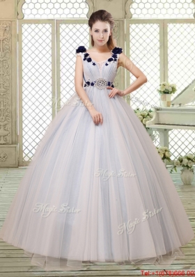 Pretty Champagne Straps Quinceanera Gowns with Belt and Appliques