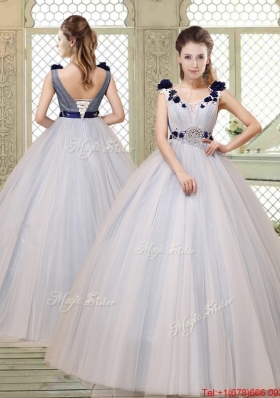 Pretty Champagne Straps Quinceanera Gowns with Belt and Appliques