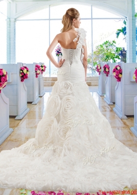 Luxurious Mermaid One Shoulder Wedding Gowns with Rolling Flowers
