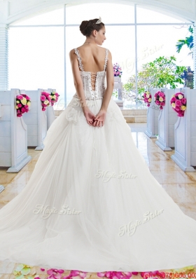 Luxurious Straps Beaded Hand Made Flowers Bridal Gown