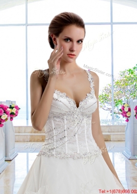 Luxurious Straps Beaded Hand Made Flowers Bridal Gown