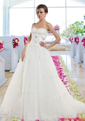 Cheap Sweetheart Wedding Dresses with Appliques and Bowknot