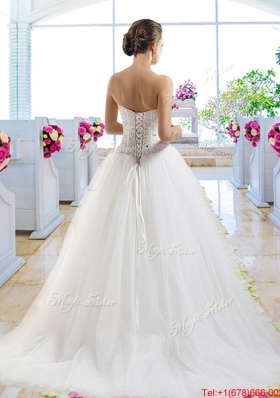 Elegant A Line Brush Train Wedding Dresses with Beading