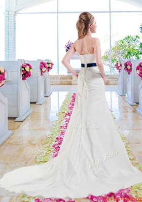 Inexpensive Strapless Belt and Ruched Wedding Dresses with Column