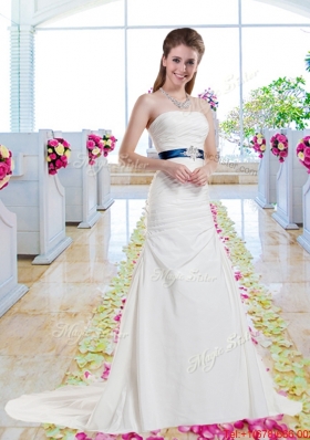 Inexpensive Strapless Belt and Ruched Wedding Dresses with Column
