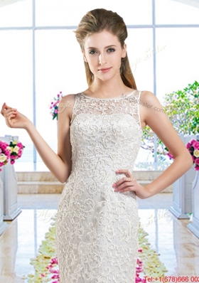 Luxurious Column Scoop Court Train Bridal Gowns with Lace