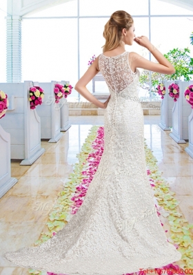 Luxurious Column Scoop Court Train Bridal Gowns with Lace