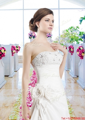 Pretty Strapless Beaded Bridal Gowns with Hand Made Flowers