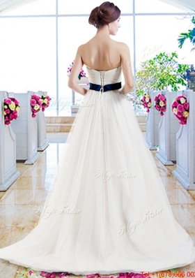 Modest Brush Train Wedding Dresses with Belt and Appliques
