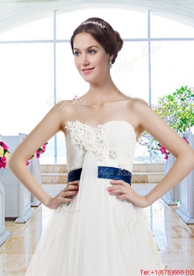 Modest Brush Train Wedding Dresses with Belt and Appliques